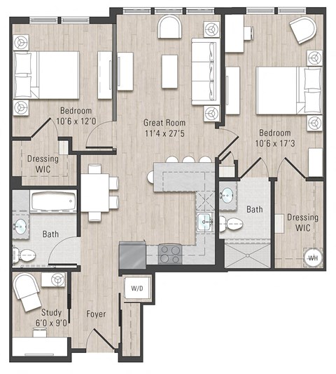Floor plan for 2 beds, 2 baths, 1040 sqft